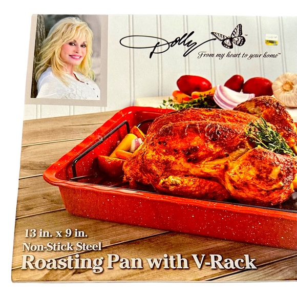 NEW Dolly Parton Red Roasting Pan with V-Rack Non-Stick Steel 13 in. X 9 in. NIB - Picture 3 of 4